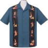 Steady Clothing Multi Pinup Girls Blue Panel Button Down Bowling Shirt ST35368