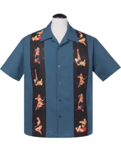 Steady Clothing Multi Pinup Girls Blue Panel Button Down Bowling Shirt ST35368