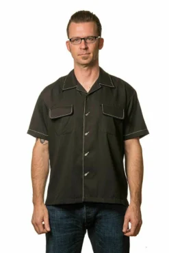 Steady Musician Rockabilly Bowling Guitars Retro Black Button Down Shirt ST35023