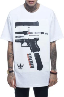 Mafioso Dismantled Gun Parts Weapons Ammo Bullets Urban Tattoos White T Shirt