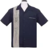Steady Clothing V8 Pinstripe Panel Navy Bowling Button Down Shirt ST35680