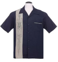 Steady Clothing V8 Pinstripe Panel Navy Bowling Button Down Shirt ST35680