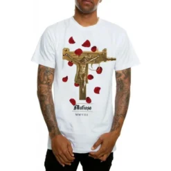 Mafioso Uzi Prayers Crucifix Jesus Guns Rose Petals Gangster Urban White T Shirt