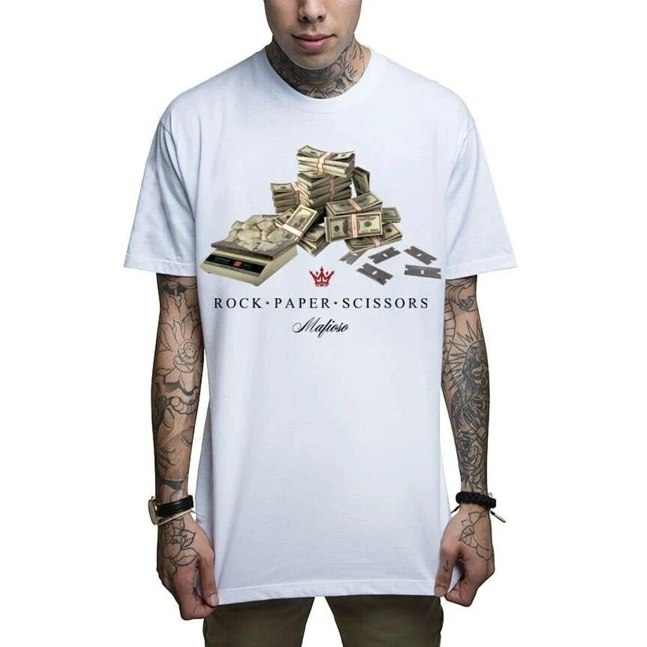 Mafioso Rock Paper Scissors Drugs Cocaine Money Razor Blade Urban White T Shirt 3 Mafioso Rock Paper Scissors Drugs Cocaine Money Razor Blade Urban White T Shirt - Image 3