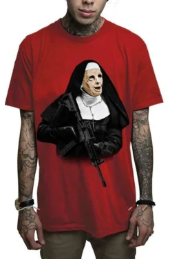 Mafioso Gunpoint Sister Nun Religious AK 47 Rifle Guns Tattoos Urban Red T Shirt