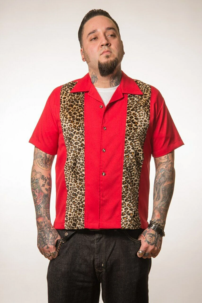 Steady Clothing Leopard Panel Red Rockabilly Bowling Button Down Shirt ST35320 3 Steady Clothing Leopard Panel Red Rockabilly Bowling Button Down Shirt ST35320 - Image 3