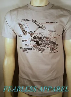 Authentic Star Trek U.S.S Enterprise Ship Diagram Blueprints Mens T Shirt S-2Xl