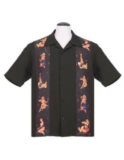 Steady Clothing Multi Pinup Girls Black Panel Button Down Bowling Shirt ST35368