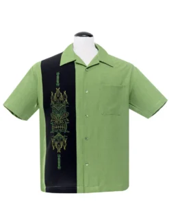 Steady Clothing Pinstripe Tiki Panel Green Bowling Button Down Shirt ST35468