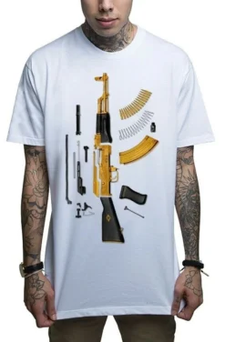 Mafioso Gold Plated AK47 Assault Rifle Guns Firearms Urban Tattoos White T Shirt