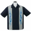 Steady Clothing Flame N Hot Navy Rockabilly Bowling Button Down Shirt ST35324