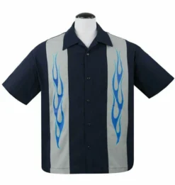 Steady Clothing Flame N Hot Navy Rockabilly Bowling Button Down Shirt ST35324