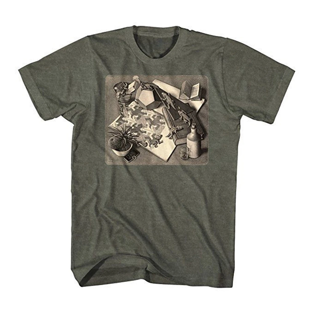 M.C. Escher Reptiles Graphic Heather Military Illusions Adult Mens T Tee Shirt 1 M.C. Escher Reptiles Graphic Heather Military Illusions Adult Mens T Tee Shirt