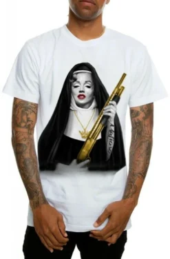 Mafioso Sister Monroe Marilyn Nun Gold Shotgun Urban Gangster Tattoos T Shirt