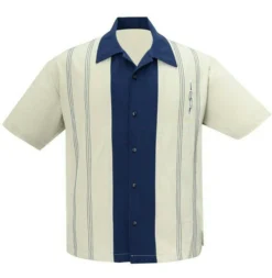 Steady Clothing Harper Rockabilly Stone Navy Button Down Bowling Shirt ST34603