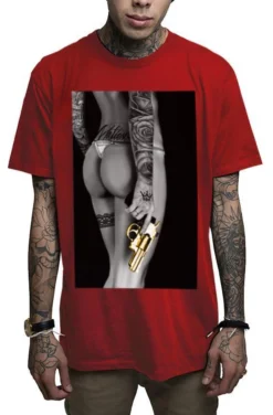 Mafioso Goldie Revolver Guns Weapons Sexy Tattooed Naked Woman Urban Red T Shirt -Reelwear Shop d73fd297 5c68 5904 ad5d a756f3baaf6e 22786.1549303716