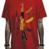 Mafioso Gold Plated AK47 Assault Rifle Guns Firearms Urban Tattoos Red T Shirt