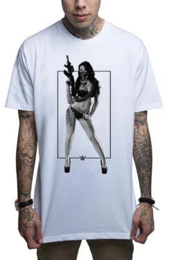 Mafioso Janie Sexy Tattooed Woman Guns Weapons Bullets Urban Gangsters T Shirt